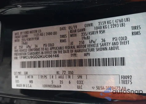 2019 Ford Escape Se from USA, damaged, VIN 1FMCU9GD2KUC06166